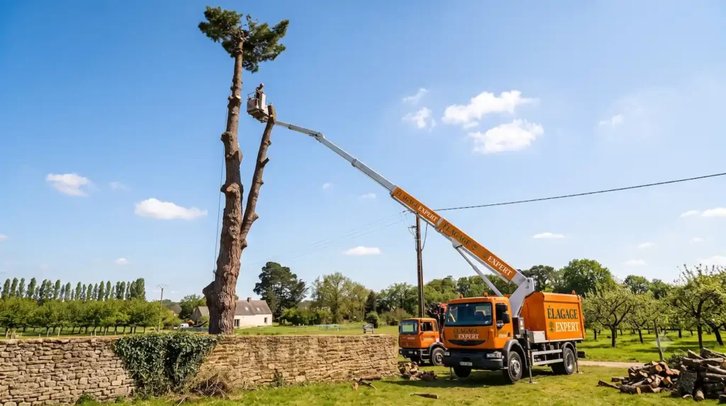 Abattage d'un arbre avec une nacelle
