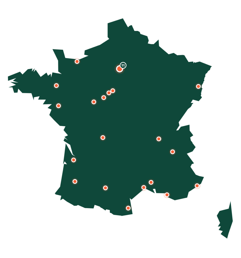 Carte de France avec un point par secteur ayant des partenaires élagueurs, Paris regroupant 11 secteurs Île-de-France